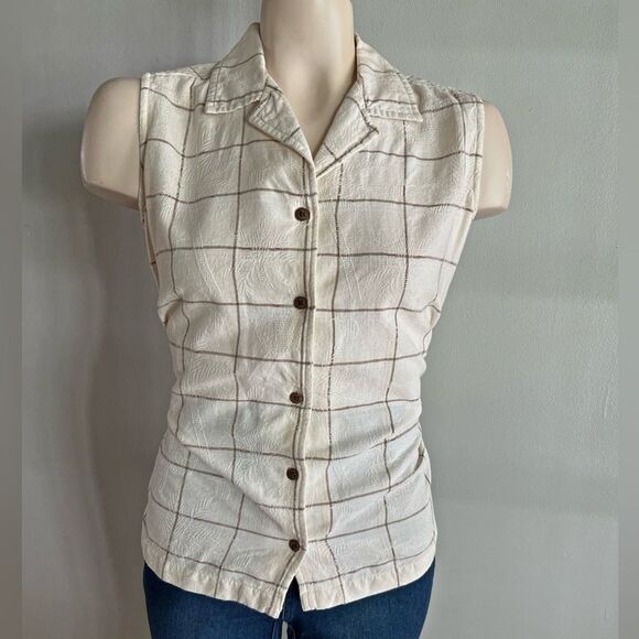 VINTAGE blassport cream and beige plaid sleeveless button top safari preppy - Picture 1 of 8